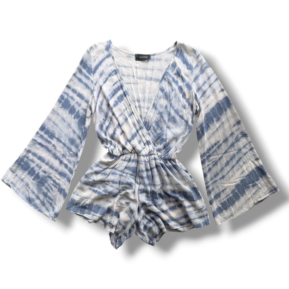 4SI3NNA Women's S Blue White Tie Dye Long Bell Sleeves Surplice Wrap Romper Boho
